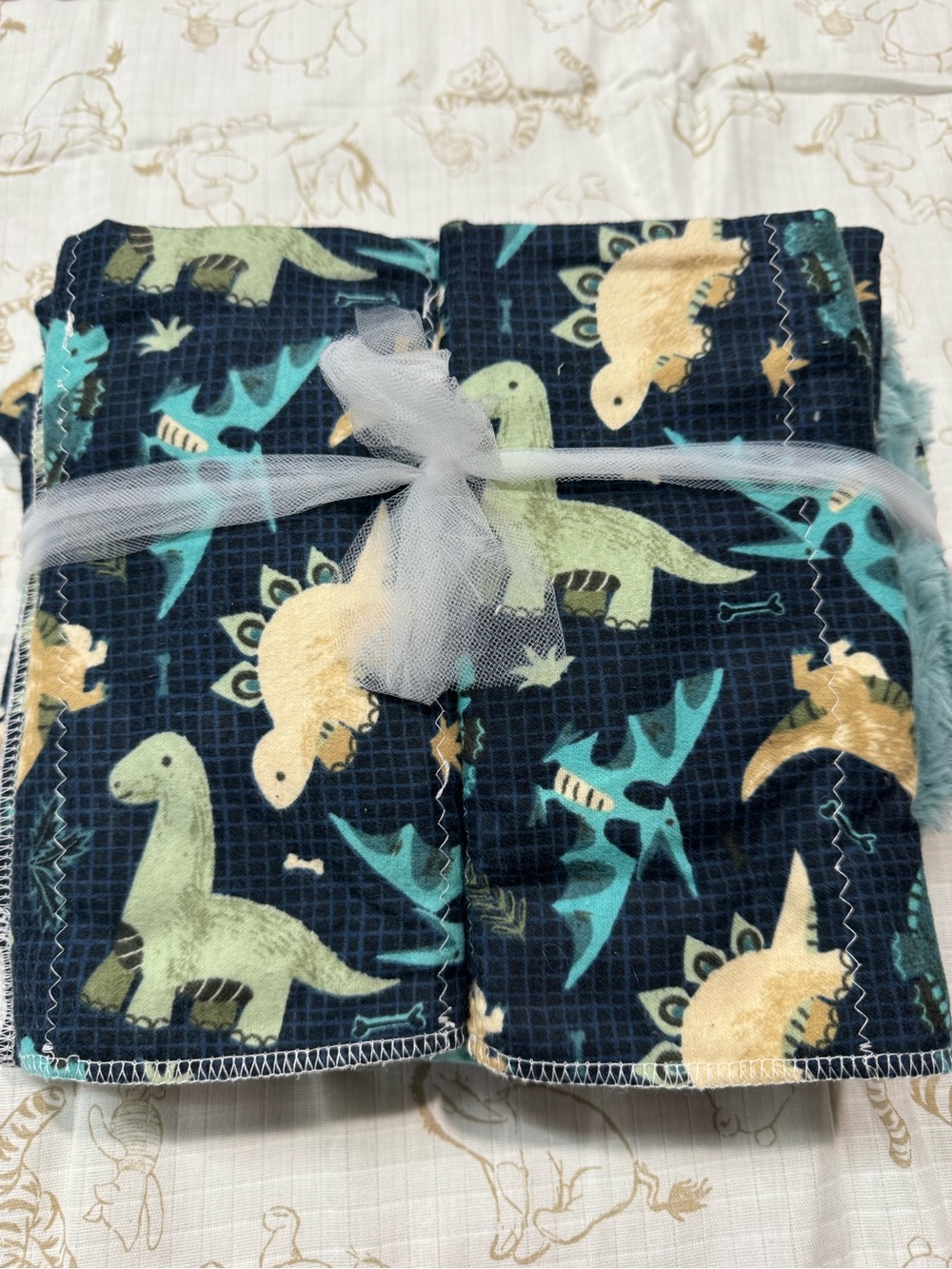 Plush Dinosaur Print Baby Blanket set- Navy, Teal & Yellow